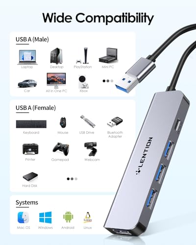 Hub USB 3.0, 4 Porte USB 3.0 Dati & Porta Alimentazione tipo C, Adattatore Multiporta con Cavo Lungo 0.6M, per PC Windows, MacBook, Laptop, Desktop, Altri con Porta USB-A 3.0 (HE32-0.6M) - Hub USB - Immagine 4