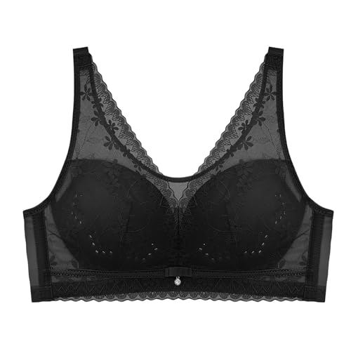 BILIKEYU Sujetador para mujer con ajustable y cómoda, ropa interior sexy, encaje, sin aros, transpirable, algodón, talla grande, sujetador sin aros para uso diario, Negro , 100C