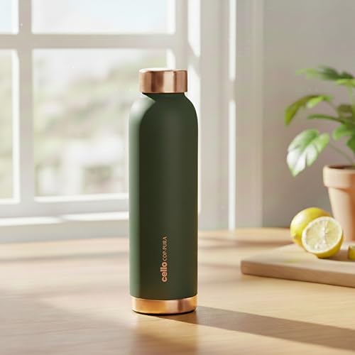 Image of CELLO Evita Copper Water Bottle For Daily & Office Use 1000 ml, Green | Leakproof & Rustproof ISI Certified Single Wall 100% Pure Copper Promotes Immunity, Improve Digestion & Supports Healthy Living