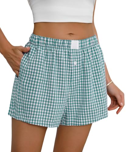Lziizl Boxer Shorts for Women Cotton Summer Casual Pajama Y2K Sleep Gingham Plaid Shorts Bottom with Pockets Army green
