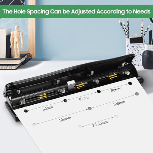 Adjustable 4-Hole Paper Puncher for A4 Refills - 10 Sheet Capacity - Portable Manual Tool with 6mm Hole Diameter - Black Desktop Ring Puncher for Office and School Supplies 999D