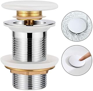 Synlyn Universal Ablaufgarnitur Ohne Überlauf für Waschbecken/Waschtisch verchromten Messing Pop Up Ventil mit Weiß Keramik-Abdeckung Hochwertige Ablaufventil - Einfache Installtion
