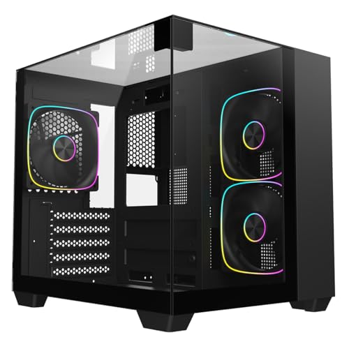 CiT Eclipse Mini mATX Gaming PC Case – Dual Chamber Design - Panoramic Tempered Glass - including 3 x 120mm ARGB Fans, 6-Port PWM Hub, AIO Support, USB 3.0, USB 2.0, HD Audio | Black