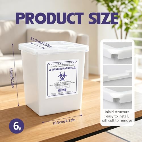 Image of Hushee 6 Pack 1 Quart Sharps Container for Home Use, Multi-Purpose Small Portable Container for Home, Travel, Professional and Personal Use, Translucent Lid, Permanent or Temporary Closure