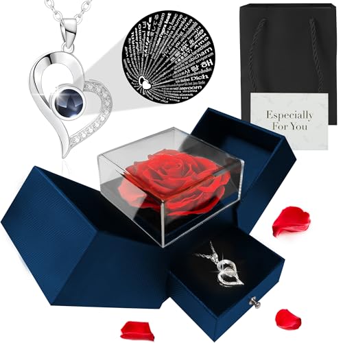 TANNESS Preserved Real Roses Gifts for Her - Gift Box, Necklace w/ 'I Love You' in 100 Languages - Mom, Eternal Rose, Forever Rose for Mum, Presents for Women, Necklace Box