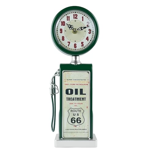 Lily's Home Old Fashioned Route 66 Gas Pump Mantle Clock, Silent-Non-Ticking with Quartz Movement, Makes an Ideal Gift for Antique Sign Collectors, Green (13 1/2' x 4 3/4')