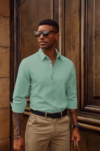 PJ PAUL JONES Mens Dress Shirt Casual Long Sleeve Button up Shirts Casual Wrinkle Free Untucked Business Shirt Green XL — view 3