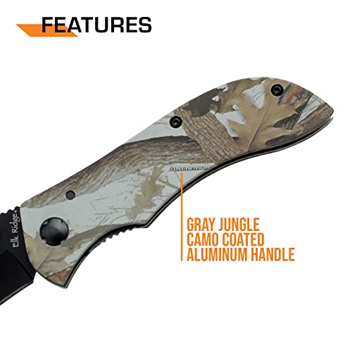 Elk Ridge - Outdoors Manual Folding Knife - 3.12-In Black Stainless Steel Blade, 4.62-In Closed, Camo Coated Aluminum Handle, Pocket Clip - Hunting, Camping, Survival, Edc - Er-015, One Size #TOP3
