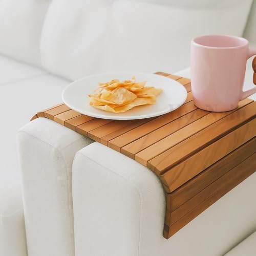 Image of HusNain Wood Foldable Armrest Sofa Tray- Serving Tray Dining Table Rectangular Mat- Armrest Rollable Tray for Office Couch- Multipurpose for Breakfast, Tea Serving, Table Decor (Standard)
