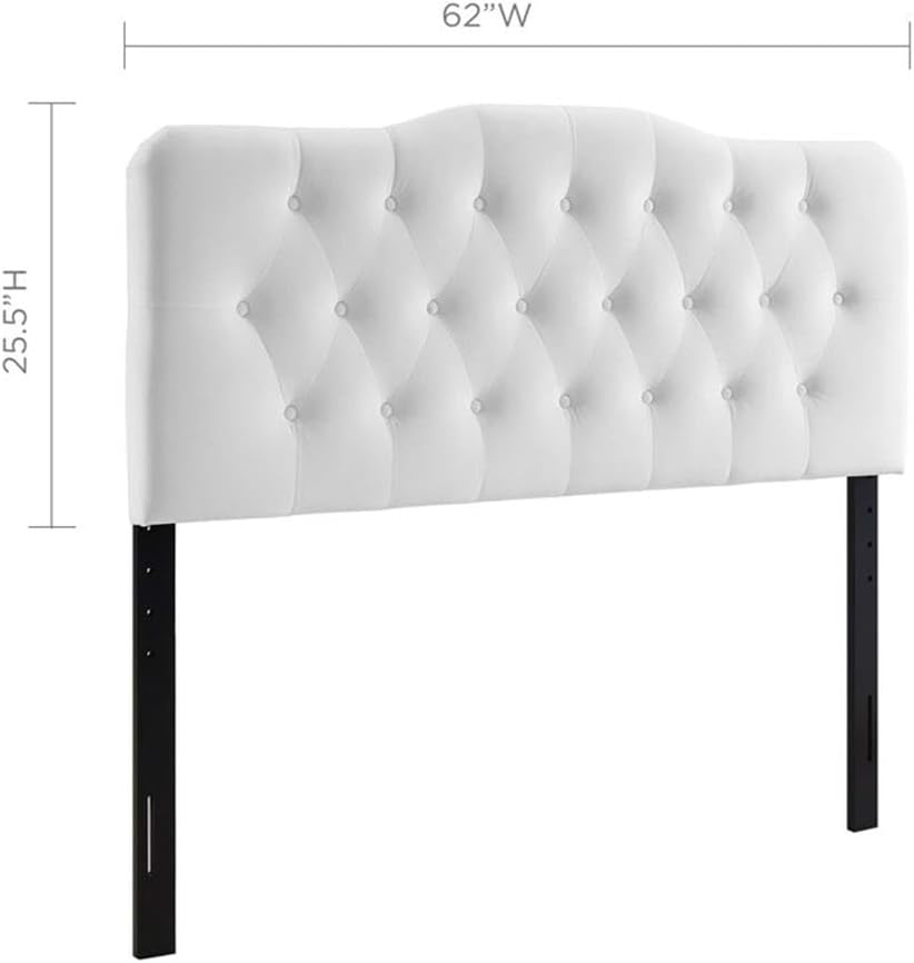 Pemberly Row Queen Diamond Tufted Headboard, Performance Velvet Upholstery, Adjustable Height 45-52.5 in, White Finish, Dense Foam Padding, Vintage Glam Style for Master or Guest Bedroom
