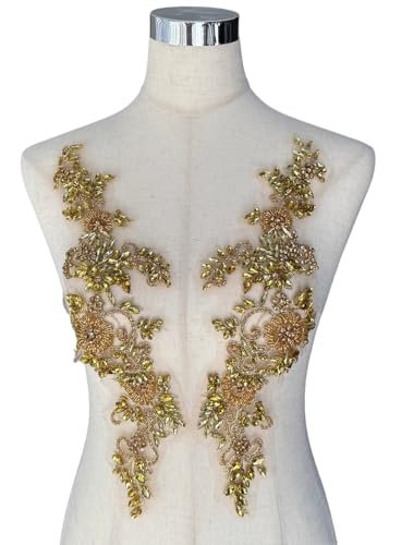 HelluyerDC 2PCS Rhinestones Beaded Shiny Applique patchs Big Size Flowers Easy Cut to Smaller Pieces Applique for Clothing Wedding Dress Prom Dress and Other DIY Decoration (Gold)
