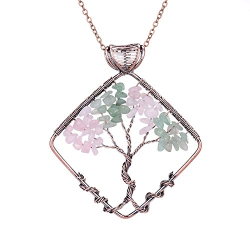 sedmart Tree of Life Pendant Rose Quartz Green Aventurine Square Necklace Healing Gemstone Jewelry Fathers Day Gift