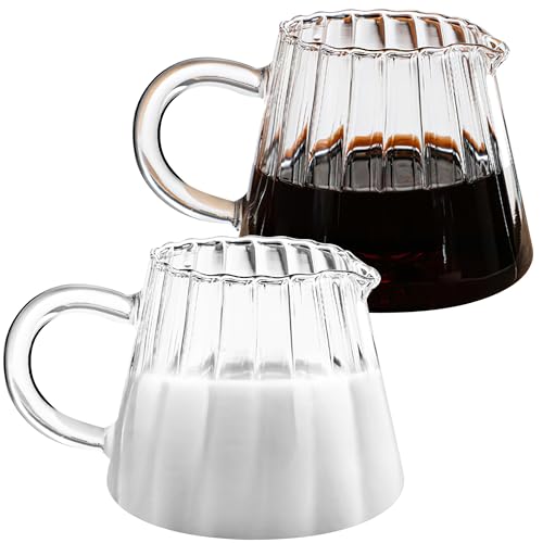 Loscarol 2 Pcs Small Creamer Pitcher, Elegant Wave Shaped Glass Creamer Jug, for Coffee, Milk, Tea, 6 oz Milk Frothing Pitcher for Kitchen