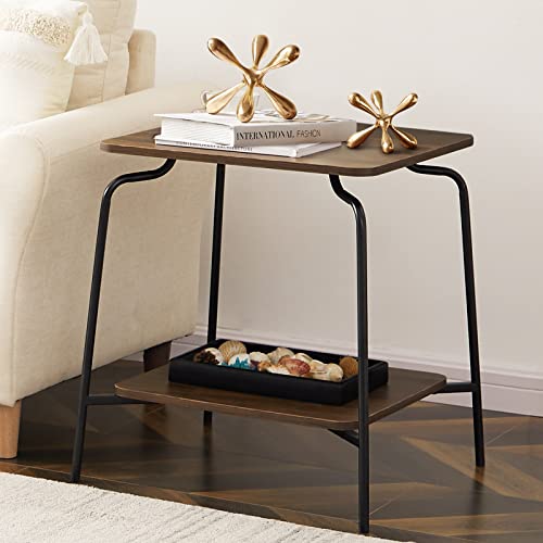 SICOTAS Mesa Auxiliar - Mesita de Noche de 2 Niveles - Mesita de Sala con Tapa de Vidrio Templado - Mobiliario de Salón Moderno con Estante Abierto para Sala de Estar, 50X50X60 cm, Marrón Rústico Cover