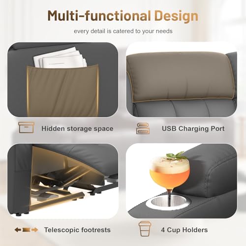 Image of Loveseat Recliner Sofa, Home Theater Seating with Massage, 4 Seat Reclining Loveseats with USB, Wall Hugger RV Couch Movie Theater Chairs, RV Furniture Sofas with USB, Cup Holders for Gaming Room