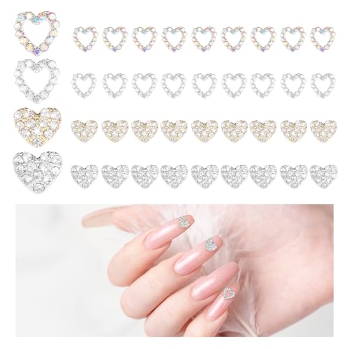 40 Pieces Heart Charms for Nails 3D Diamond Alloy Nail Heart Nail Charms Gems Rhinestones for Nails Art Supplies Women Design Valentines Day Wedding Decor