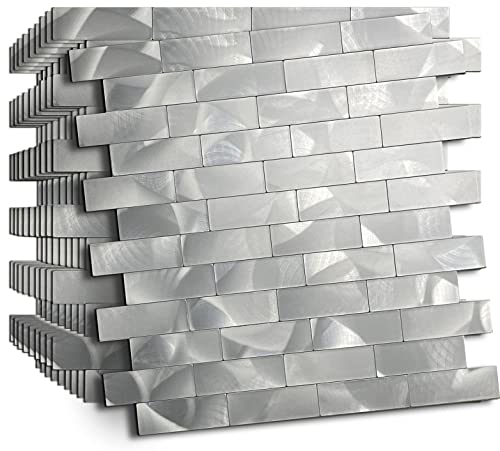 Xuaniny Peel And Stick Tile Backsplash For Kitchen Bathroom Self-Adhesive Metal Aluminum 3D Wall Sticker (11.81"X11.88"，10 Sheets, Silver) #TOP2