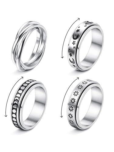 4PCS Silver Plated Rings Set for Women, Fashionable Stackable Stainless Steel Spinner Rings Set, Non Tarnish Jewelry Ideal for Wedding or Everyday Wear
