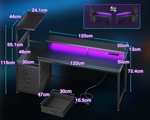 Coleshome 150×50 cm Gaming Desk with LED Lights & Power Outlet, Reversible Computer Desk with Drawers, Gaming Table with Storage & Monitor Stand, Carbon Fiber Black