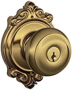 SCHLAGE F51A GEO 609 BRK Georgian Knob with Brookshire Trim Keyed Entry Lock, Antique Brass