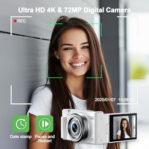 4K Digital Camera for Photography, 72MP Vlogging Camera for YouTube, Autofocus Digital Cameras with 270° Flip Screen, 18X Digital Zoom Point and Shoot Cameras with 64GB TF Card & Battery, Carry Bag
