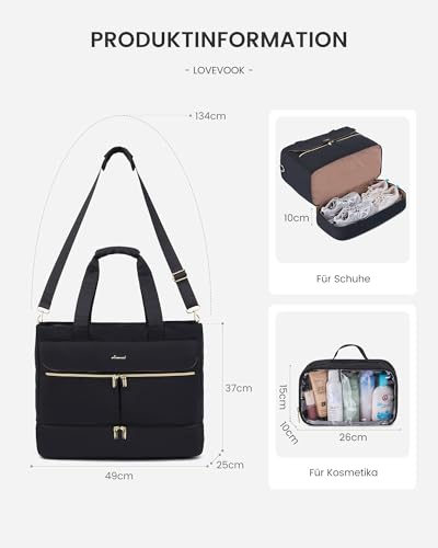 LOVEVOOK Reisetasche Damen, 45L Große Öffnung Weekender Handgepäck Kliniktasche Geburt Krankenhaustasche mit Kulturtasche, Schuhfach & Nassfach, Sporttasche Travel Duffle Bag für Flugzeug Reise Gym