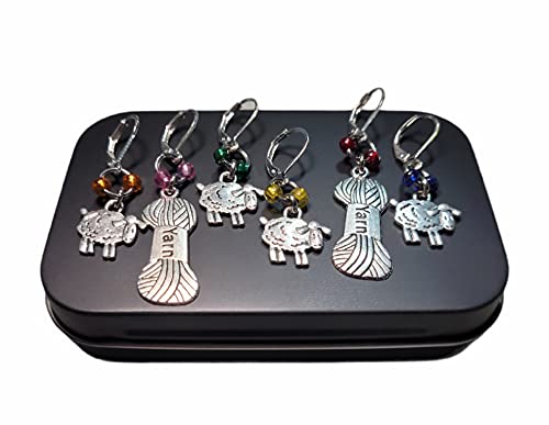 6 Removable Locking Stitch Markers for Knitting and Crocheting - Colourful Sheep and Yarn Charms - Set of 6 Progress Markers - Crochet Earrings by Morgan Curio