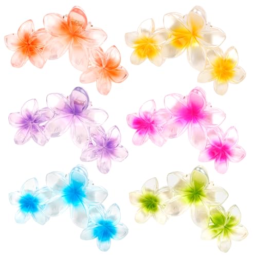 CAVETEE Hawaiian Plumeria Hair Accessories, 6 Pack Flower Claw Clips for Thick Hair Large Hair Clip for Women & Girls