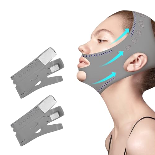 EKIND Reusable Chin Strap for Women Double Chin Reducer Face Lifting Mask Breathable Sleep Belt Elastic Tightening Facial Slimming Wrap (2 Pack, Grey)