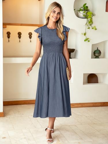 Image of Simplee Womens Striped Midi Summer Dress Linen Smocked Flutter Short Sleeve Dress Flowy Casual Dress with Pockets