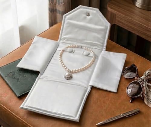 Novel Box Necklace Display Pearl Folder 8x6 inch Large Travel Jewelry Case - Wedding Jewelry Storage Holder with Smooth Finish - Jewelry Organizer Necklace Box - White/White Stitched by Novel Box Company, Ltd. - Image 2