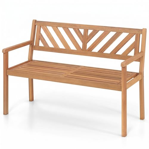 Image of Giantex 2-Person Outdoor Bench, 47 inch Patio Acacia Wood Loveseat with Slatted Seat, Armrests & V-Shaped Backrest, Wooden Garden Seating for Backyard, Porch, Deck, Poolside
