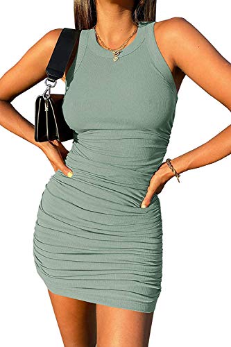 Image of Wenrine Womens Summer Bodycon Dresses Ribbed Slim Tank Mini Sundress | Slim Fit, Stretchy, Sexy, Wedding Guest, Scoop Neck, Crew Neck, Beach Vacation Clothes, Cocktail Party Club Dress