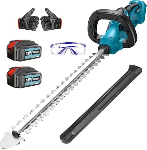Akku-Heckenschere Ersatz für Makita Elektrische Heckenschere mit 2 * 5500mAh Akku und Ladegerät 51 cm Schnittlänge 16 mm Zahnabstand Dual Schnittklingen Heckenschere Akku für Hecken und Sträucher