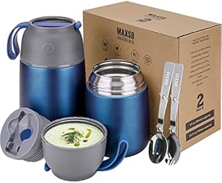 MAXSO 2 Pack Vacuum Insulated Food Jar Hot Food Containers for Lunch School Soup Thermos For Kids,Travel Food Flask Hot Cold (24oz,17oz) (Dark Blue)