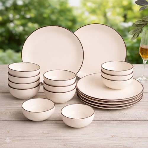 Image of Freakway Minimalist Cream Ceramic Dinnerware Set - 18 Piece(6 Dinner Plates +12 Bowls) Stoneware Dishes with Hand-Painted Brown Rim - Service for 6 - Microwave & Dishwasher Safe-Ivory White