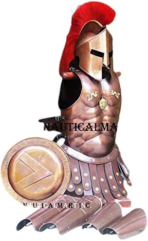 NauticalMart Medieval Copper 300 Spartan Set Muscle Armor Helmet W/Red Plume Leg Arm Guards Halloween