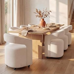 HNY 360° Swivel Upholstered Dining Chairs with Wheels Set of 6 – Soft Linen Fabric, Barrel Back Design, Rolling Kitchen Seating for Living Room, Makeup Vanity, Reception, Beige