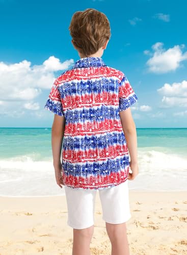 XiaoMoSha 4th of July Shirts for Boys Hawaiian Shirts for Boys Short Sleeve Button Down Shirt Boys Dress Shirts Girls Hawaiian Shirt Unisex Child Tops Boys Shirts RedStarsPrints 10-11Y — view 3