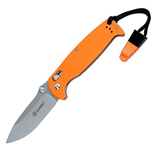 Ganzo G7412-OR-WS Folding Pocket Knife 440C Stainless Steel Blade G10 Anti-Slip Handle with Clip Axis Lock Camping Fishing Outdoor Folder Hunting Gear EDC Tool (Orange) with Whistle