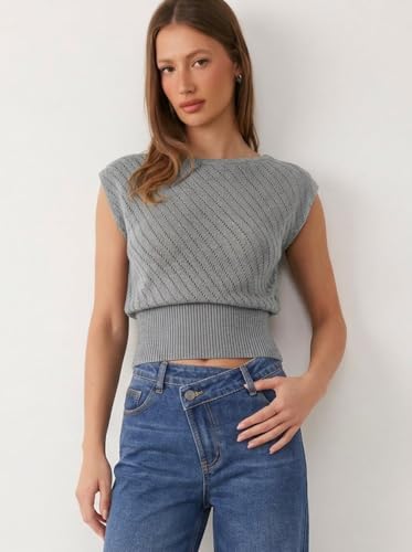 Image of CIDER Summer Short Sleeve Crop Sweater Vest Women Boat Neck Cut Out Tops | Cinched Waist, Light Weight, Ribbed Knit Tops, Hollow Out Crochet Vest, Going Out Trendy Tee