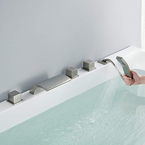Hanallx Roman Tub Filler Waterfall Tub Faucet Brushed Nickel Deck Mount Bathtub Faucets Brass Bathroom Faucets With Handheld Shower #TOP4