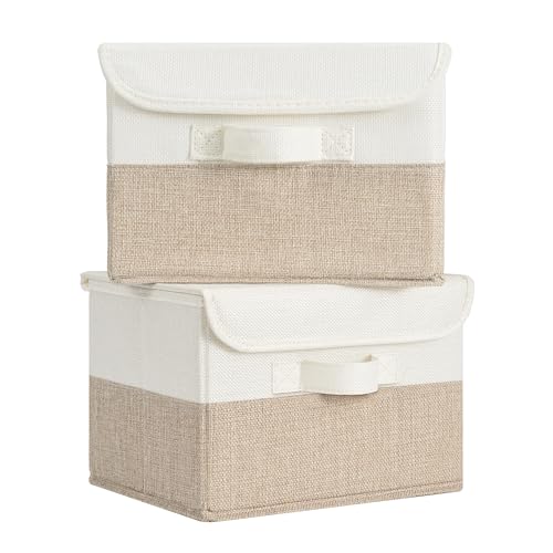 GRANNY SAYS Small Storage Boxes with Lids, Pack of 2 Folding Wardrobe Storage Boxes Lidded, Fabric Baskets for Shelves Organising Organisation, White&Khaki, 25.5 x 20.5 x 17.5 cm