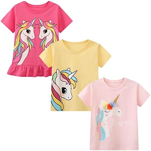 Girl Short Sleeve Tee Shirt Unicorn Cotton Casual Crewneck Graphic Tops T-Shirts Pink Yellow 3 Packs Sets Size 6