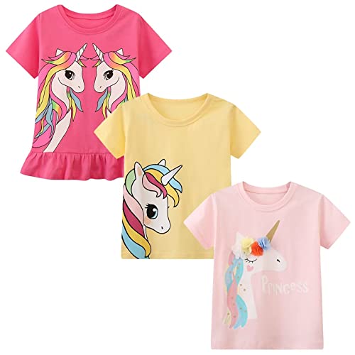 Girl Short Sleeve Tee Shirt Unicorn Cotton Casual Crewneck Graphic Tops T-Shirts Pink Yellow 3 Packs Sets Size 72