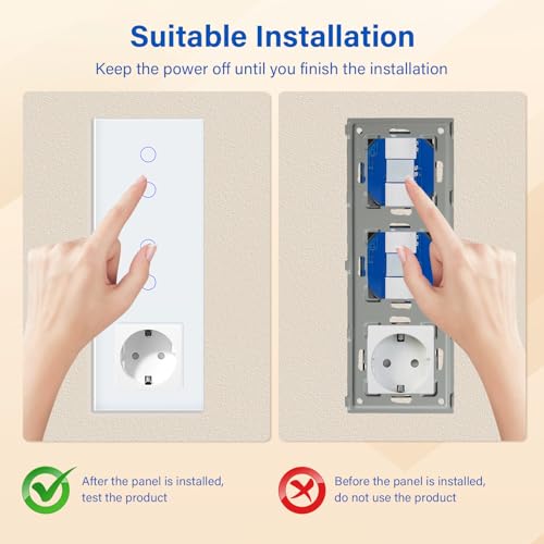 BSEED Touch Lichtschalter mit Schuko Steckdose mit LED Anzeiger doppelte 2 Fach 2 Wege Glas Lichtschalter mit eine Wandsteckdosen Wei&szlig; 228mm