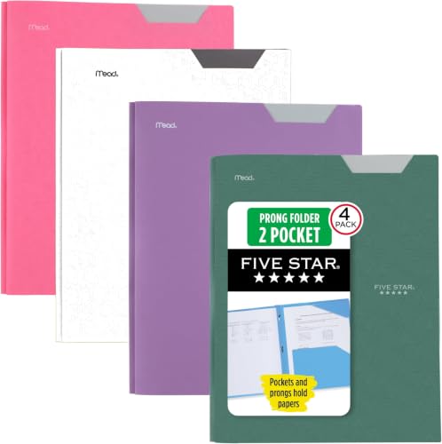 Image of Five Star 2-Pocket Folder,Plastic Folder with Stay-Put Tabs and Prong Fasteners,Holds 8-1 /2 inch x 11 inch Paper,Tidewater Blue,White,Amethyst Purple,Harvest Yellow (38064),(Pack of 24)