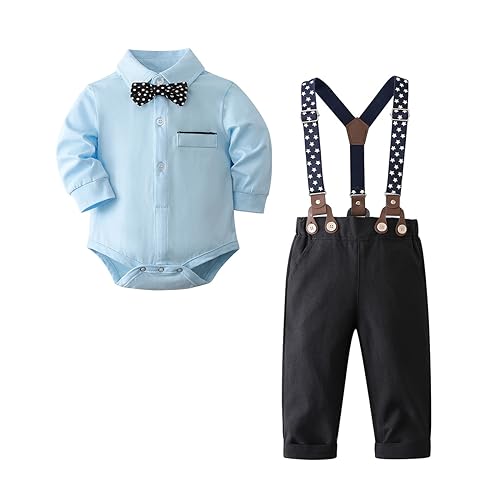 QUNERY Baby Boy Gentleman Clothes Suits Formal Dress Shirt Suspender Pants Wedding Infant boys Fall Outfit Sets Blue 6-12 months