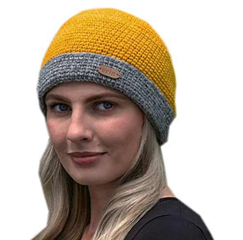 Ladies Irish Crochet Turn-Up Beanie Cap, 100% Wool, Fleece Lined