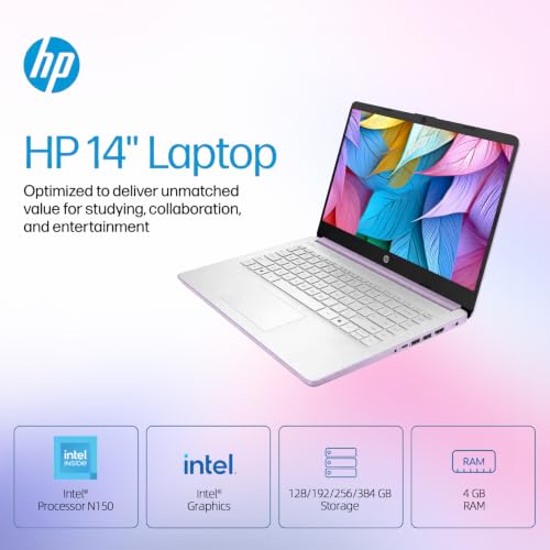 Image of HP 14 inch HD Student Business Laptop, Intel N150, 4GB RAM, 384GB Storage | (128GB UFS + 256GB SD Card), 1 Year Office 365, 720p Webcam, Slim Design, Copilot AI, WiFi 6, Win 11 Home S, Honey Lavender